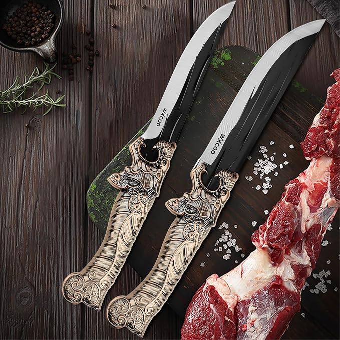5PCS Butcher Knife Set for Chef, Butchering, Meat Processing, BBQ Cutting and Fillet, High Carbon Steel Hand Forged Knives, Cleaver & Bone Chopper, Dragon Bolster, Wood-Grain Handle - Bronze