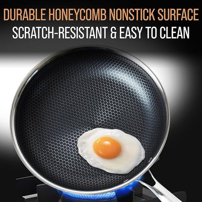 12 Inch Stainless Steel Frying Pan with Lid - Honeycomb Nonstick Skillet - PFOA-Free - Induction Compatible - Oven Safe to 450°F - Dishwasher Safe