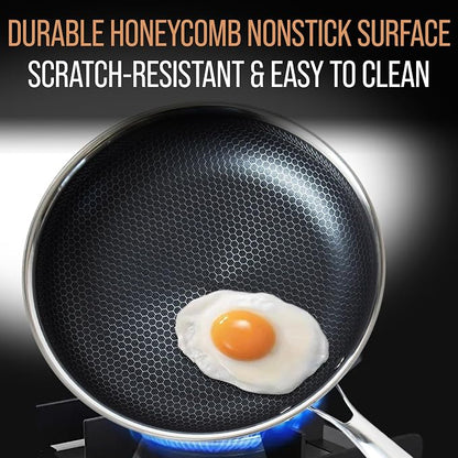 Honeycomb Stainless Steel Nonstick Frying Pan Set - with Lids and Spatula - 10 12 Inch Hybrid Pan - Induction Compatible - PFOA-Free - Oven Safe - Dishwasher Safe Skillet
