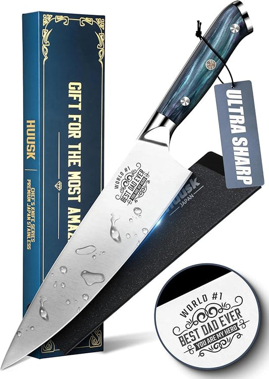 Huusk Fathers Day Gift Idea for Dad - 8" Chef Knife for Kitchen - Birthday Gift Idea for Dads - Best Dad Ever - Stainless Kitchen Knife with Resin Handle, Full Tang Cooking Knives
