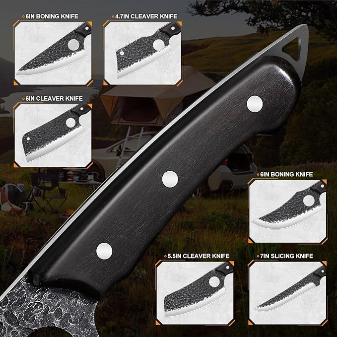 TAN REN 17PCS Butcher Knife Set with Bag, High Carbon Steel BBQ Knife Set for Meat Cutting, Hand Forged Serbian Chef Knives for Men Home & Outdoor Cooking