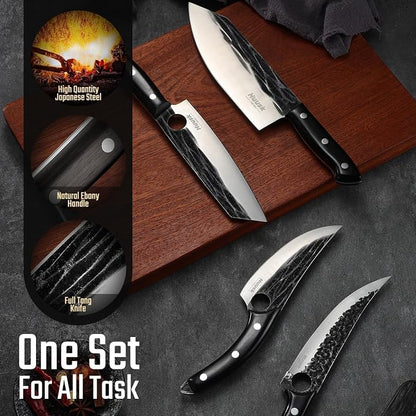 Huusk Knives Set, Serbian Chef Knife Set with Bag, Japanese Kitchen Knives Set, Hand Forged High Carbon Steel Knife Set, Full Tang Knives with Ebony Handle, Christmas Gift for Men and Women