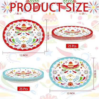 50Pcs Mexican Fiesta Oval Paper Plates 10" x 12" Large Disposable Heavy Duty Colorful Mandala Floral Plates Mexican Cinco De Mayo Dessert Platters for Taco Tuesday Birthday Festive Party Supplies