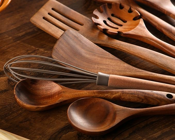 Wooden Spoons for Cooking, 10 Pcs Wooden Utensils for Cooking, NAYAHOSE Natural Teak Wood Spoons, Non-Stick Comfort Grip Kitchen Utensils Set