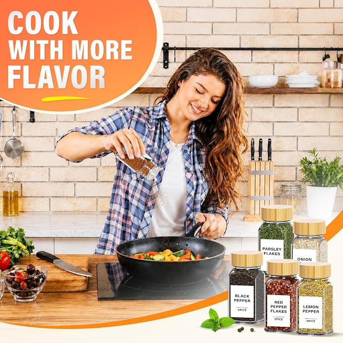 Glass Spice Jars with Label 24Pcs Spice Containers with Bamboo Lids 360 Labels 4oz Square Spice Bottles with Shaker Lids Funnel Brush Spice Organization for Cabinet Spice Rack Kitchen Storage