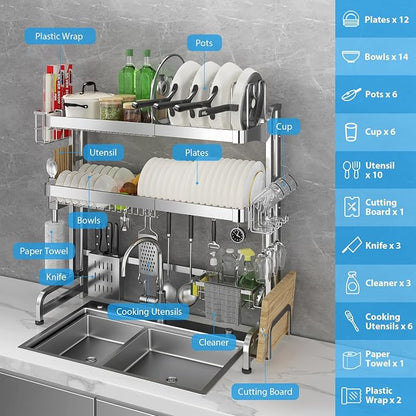 Over The Sink Dish Drainer Drying Rack, Full Stainless Steel 3-Tier Adjustable Length Over Sink Dish Drying Rack, Large Capacity Dish Rack Over Sink for Kitchen Counter, Pots & Pans Rack