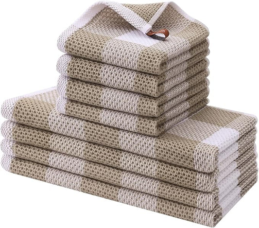 Homaxy Kitchen Towels and Dishcloths Set, 12 x 12 and 13 x 28 Inches, Set of 8 100% Cotton Waffle Weave Check Plaid Kitchen Dish Towels, Super Soft and Absorbent Dish Cloths, White & Khaki