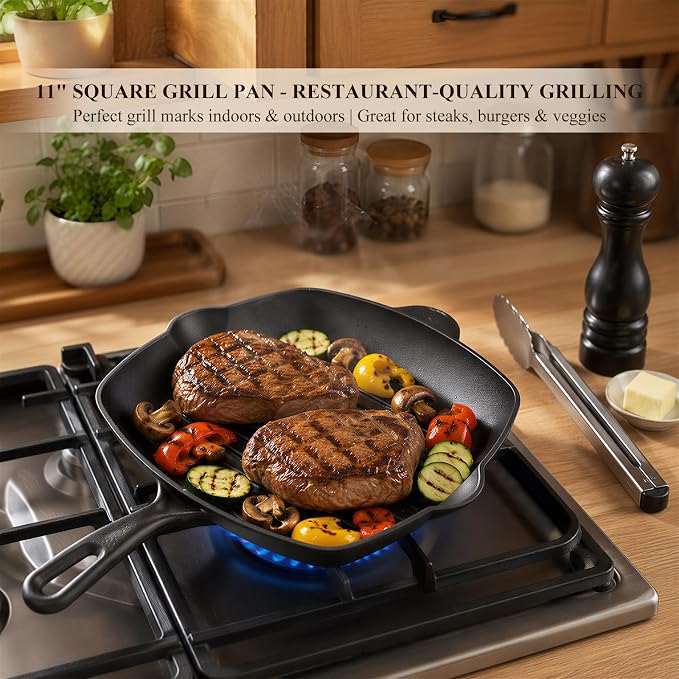 QuliMetal 6 Piece Cast Iron Cookware Set with Dutch Oven | Includes 11 in grill pan, 12 in skillet, 5QT Dutch oven, 3.2QT Dutch oven and 1.6QT skillet lid for home cooking.