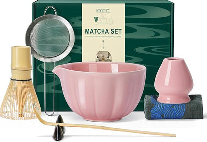 Renmxj Matcha Whisk Set,7 PCS Ceramic Matcha Kit Includes Matcha Bowl with Spout, Matcha Whisk and Holder, Bamboo Scoop, Stainless Sifter, Tea Towel, Unique Gift for Matcha Lovers (Pink)