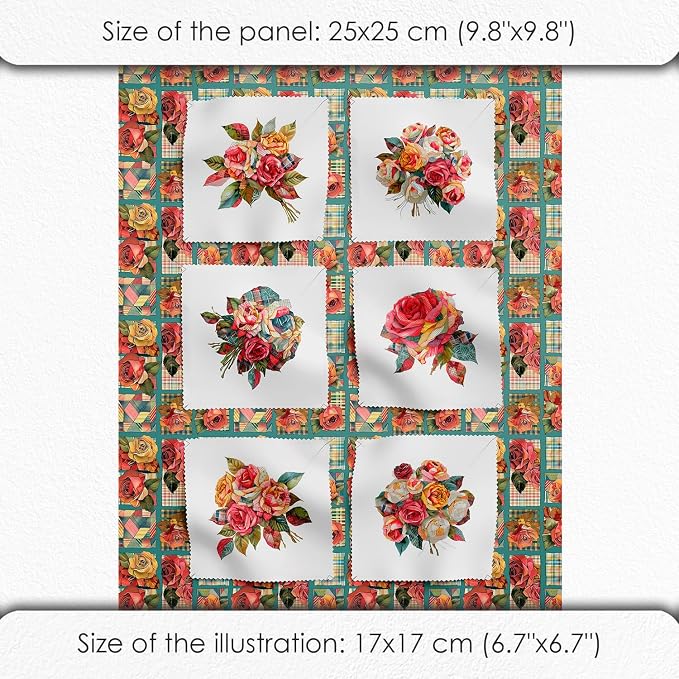 Vintage Rose Patchwork Cotton Fabric Panel – 6 Floral Designs (10×10 inch Each) + Bonus Patchwork Sheet 29.5×19.6 inch, 100% Cotton 140 GSM