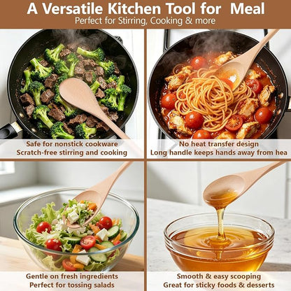 Cooking Wooden Spoons, MORGLES 14-Inch Serving Spoons for Stirring Mixing Serving Long Handle Plastic Free Reusable Non Scratch Dishwasher Safe, 3PCS