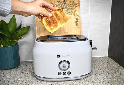 CULINARY CHEF, 2 Slice Toaster, Retro Style, Wide Slot for Bread, English Muffins, Croissants, and Bagels, 6 Adjustable Toast Settings, Cancel and Defrost, 900w, White