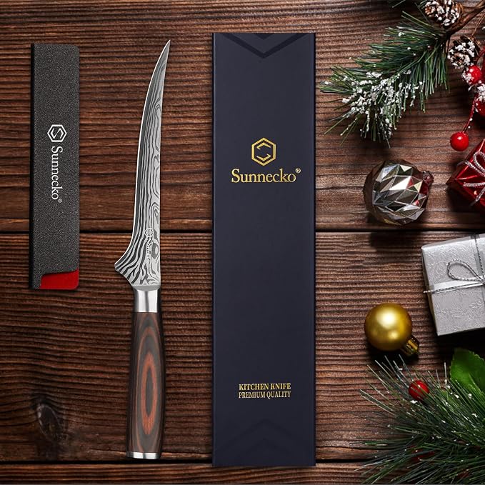 Sunnecko Boning Knife with Pakkawood Handle,6 inch High Carbon German Stainless Steel Fillet Knife for Meat and Poultry