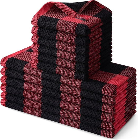 Homaxy Kitchen Towels and Dishcloths Set, 12 x 12 and 13 x 28 Inches, Set of 12 100% Cotton Waffle Weave Check Plaid Kitchen Dish Towels, Super Soft and Absorbent Dish Cloths, Black & Red
