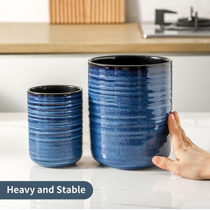 HASENSE Ceramic Utensil Holder Set of 2 (7.4"+5.5"), Modern Farmhouse Kitchen Utensil Crocks for Countertop, Blue Kitchen Tool Organizer for Spatulas, Whisks, Tongs & Cooking Tools
