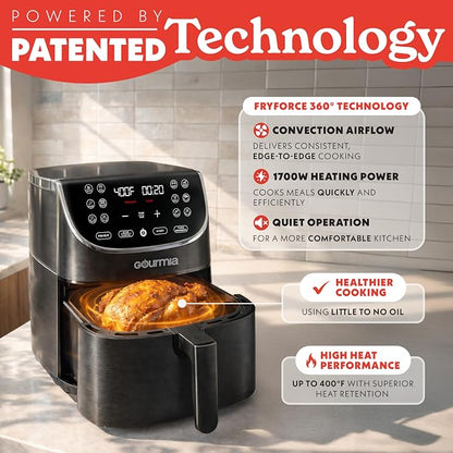 Gourmia Air Fryer - 7 Qt Large Capacity with LED Display, 12 One-Touch Presets, FryForce 360° Technology, Nonstick Dishwasher-Safe Basket & Crisper Tray, Black