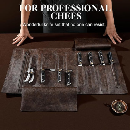 Chef Knife Set, Meat Boning Carving Cleaver Butcher Knife, High Carbon Steel Japan Nakiri Santoku Knife Set with Accessories for Kitchen, BBQ Camping Knives Set with Bag