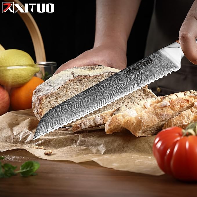 XITUO 8-Inch Serrated Bread Knife – Damascus Steel Blade with Olive Wood Handle, Ultra Sharp Kitchen Slicer for Soft Bread, Pastries & Tomatoes, Ideal Gift for Chef Dad