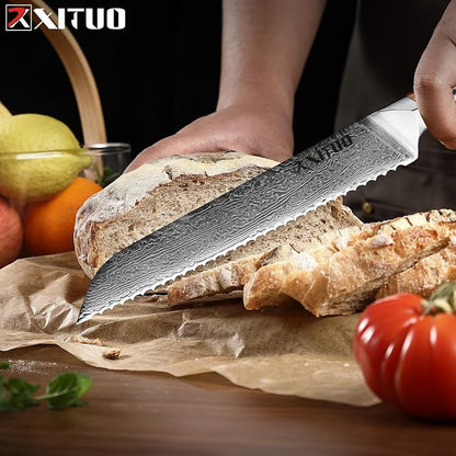 XITUO 8-Inch Serrated Bread Knife – Damascus Steel Blade with Olive Wood Handle, Ultra Sharp Kitchen Slicer for Soft Bread, Pastries & Tomatoes, Ideal Gift for Chef Dad