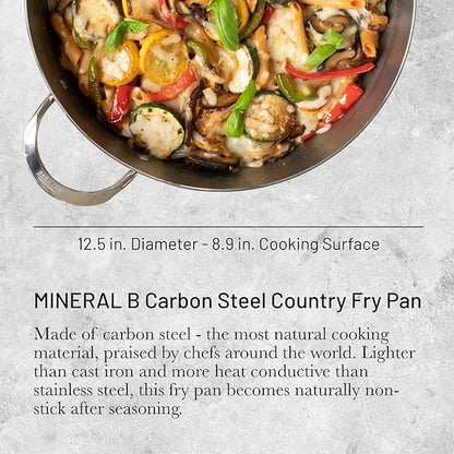 de Buyer MINERAL B Carbon Steel Country Fry Pan - 12.5” Diameter, 8.9” Cooking Surface - Ideal for Sauteing, Simmering, Deep & Stir Frying, One-Pan Meals - Naturally Non-Stick Finish - Made in France