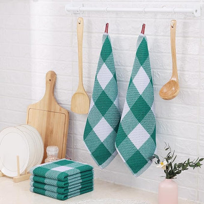 Homaxy Kitchen Towels and Dishcloths Set, 12 x 12 and 13 x 28 Inches, Set of 8 100% Cotton Waffle Weave Check Plaid Kitchen Dish Towels, Super Soft and Absorbent Dish Cloths, White & Teal