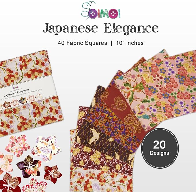 Soimoi 40Pcs 10" x 10" DIY Cotton Fabric Squares, 10" Layer Cake Squares Patchwork, Pre-Cut Quilt Charm Pack, DIY Sewing Quarters Bundle, Quilting Fabric Bundles- Japanese Elegance