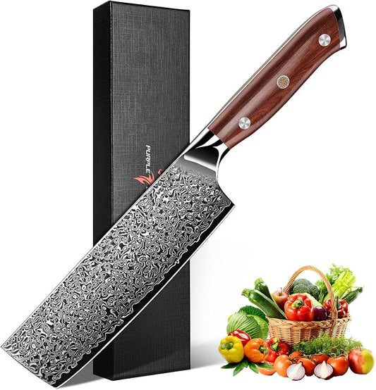 Purple Dragon Damascus Nakiri Knife, 7 Inch Meat Cleaver Knife VG10 Steel Kitchen Knives for Cutting Vegetables Chopping Meat Razor-Sharp Chef's Knives Christmas Gift for Men and Women