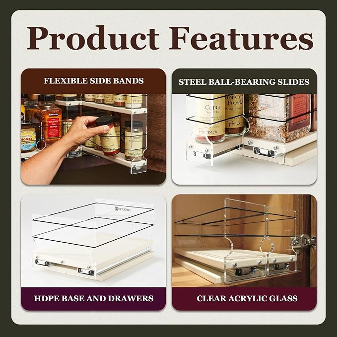 Vertical Spice - Large Pullout Sliding Spice Rack Organizer - 2 Individual 2 Tier Drawers - Premium Rolling Seasoning Holder/Caddy for Hidden Pantry Storage - Made in USA (6.9''W x 10.75" H x 10.6''D)