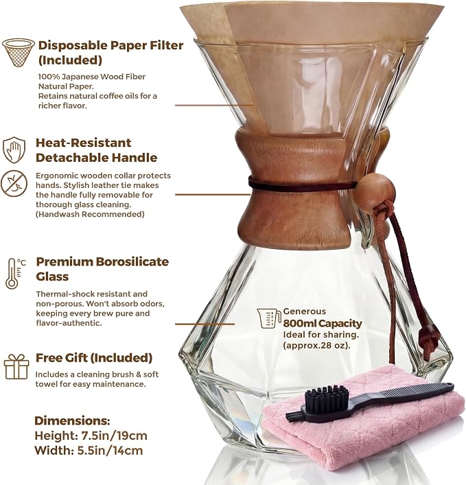 AGOGO Pour Over Coffee Maker Glass with 50pcs Paper Filters -for Home, Office, Camping, Cafes - Easy Clean Coffee Dripper Set (Soft Towel&Brush)(28oz Diamond Design w/Paper Filters)