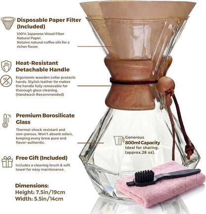 AGOGO Pour Over Coffee Maker Glass with 50pcs Paper Filters -for Home, Office, Camping, Cafes - Easy Clean Coffee Dripper Set (Soft Towel&Brush)(28oz Diamond Design w/Paper Filters)