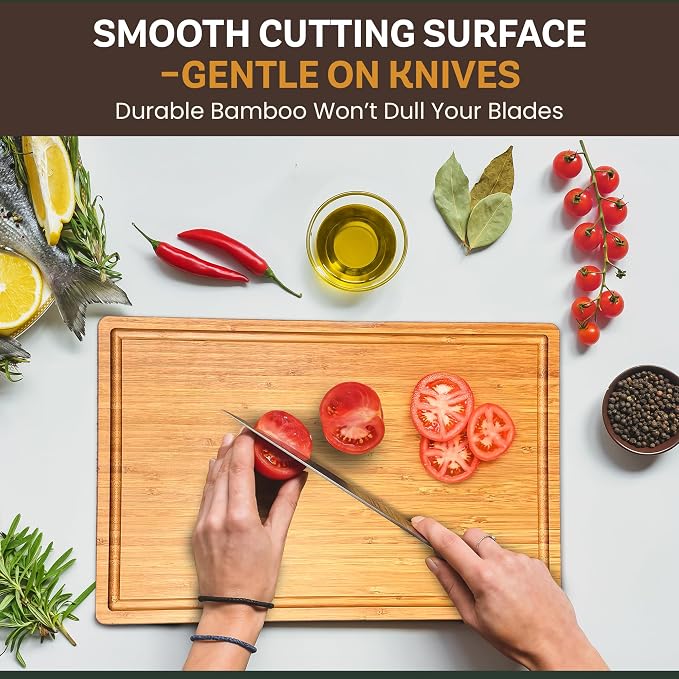 Bambüsi Bamboo Cutting Board (8" x 5") Small Carbonized Wooden Chopping Board with Juice Groove and Side Handles, 0.5" Thick Mini Food Prep and Serving Board