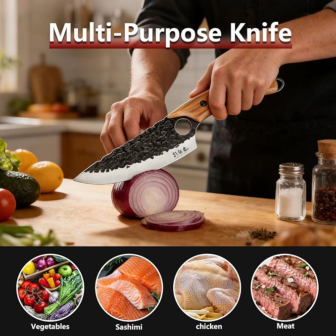 HAMMER IRON ALLEY Japanese Chef Knife, HIA 5.7 inch Sharp Kitchen Knife with Sheath, Hand Forged Butcher Viking Cleaver Knife for Meat Cutting, Home, Camping, BBQ, Black