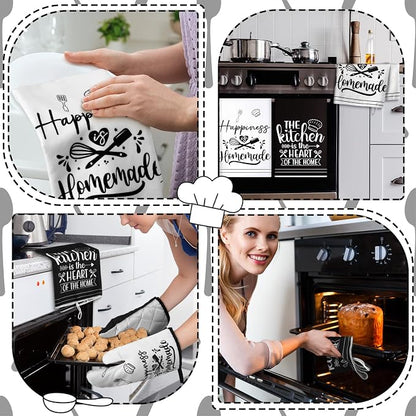 Sratte 6 Pcs Kitchen Decor Accessories Set Farmhouse Towels Pot Holders Oven Mitts Set 2 Dish Towels 2 Potholders 2 Cooking Mittens Oven Glove for Christmas Baking Cooking Supply(White,Kitchen)