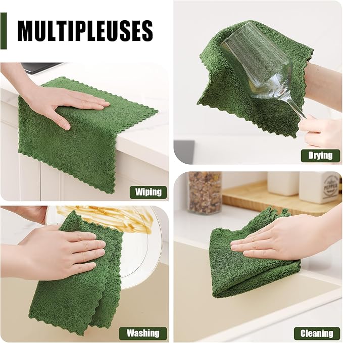 Kitinjoy 24 Pack Kitchen Cloths Dish Towels (7" x 9", Grass Green), Super Soft and Absorbent Dish Cloths, Nonstick Oil Fast Drying Coral Velvet Microfiber Cleaning