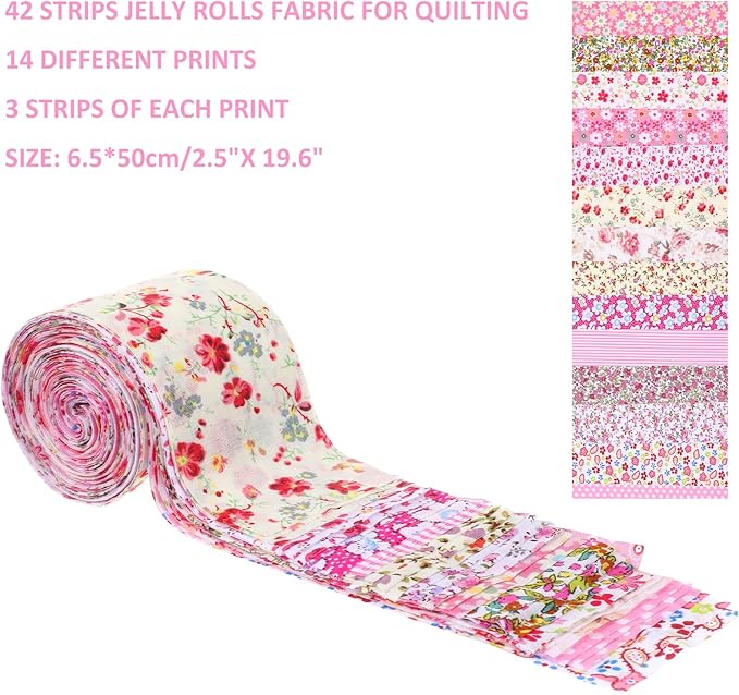 42Pcs Jelly Roll Fabric Strips Soft Cotton Quilting Fabric 2.5 x 20 Inch Pre-Cut Cotton Strips Bundles for Quilting Crafting and Sewing(Red and Pink)