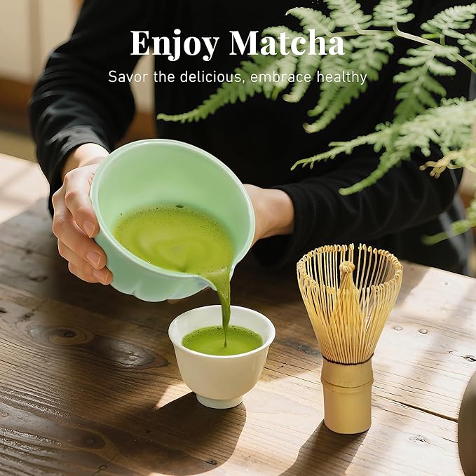 Renmxj Matcha Whisk Set,7 PCS Ceramic Matcha Kit Includes Matcha Bowl with Spout, Matcha Whisk and Holder, Bamboo Scoop, Stainless Sifter, Tea Towel, Unique Gift for Matcha Lovers (Green)