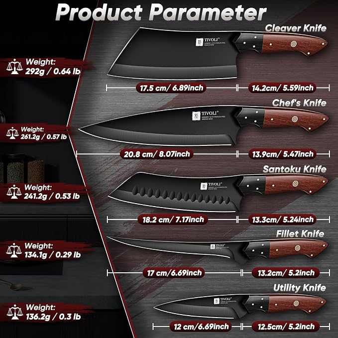 TIVOLI Kitchen Knife Set 5pcs - Chef Knife Set with Full Tang Wooden Handle - Cleaver, Boning, Fillet, Santoku, Kitchen Utility Knives - Cooking Gifts for Men and Women