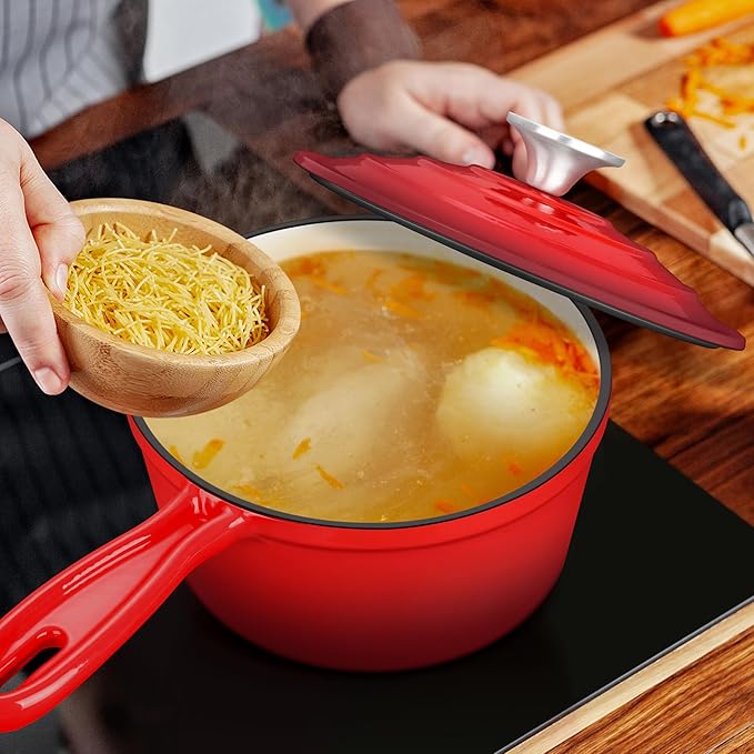 3 Quart Saucepan with Lid, Leonyo Enameled Cast Iron Sauce Pot, Large Enamel Cast Iron Dutch Oven Kitchen Cookware for All Cooktops Cooking Pasta, Soup, Milk - Up to 500°F & 8bs, Red