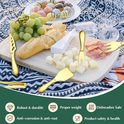 Premium Stainless Steel Gold Cheese Tool Set - 12 Piece Cheese Knife & Cheese Markers Gifts Set - Cut, Butter Spreader Slicer Mini Serving Tongs,Birthday Wedding Christmas All Your Favorite Cheeses