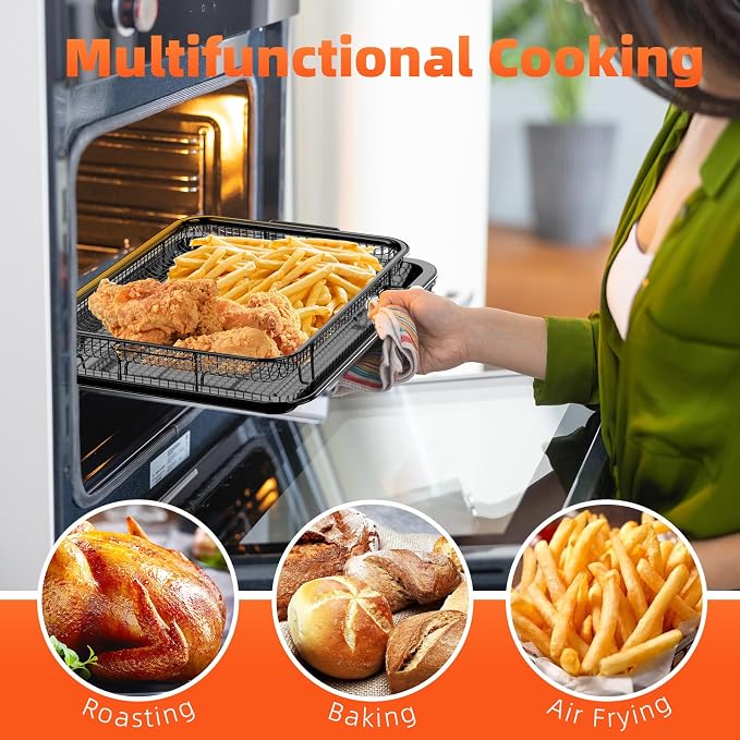 Air Fryer Pans for Oven, Oven Air Fryer Basket and Tray with Cooking Guide &30 PCS Parchment Papers, DEGOVIN Crisper Tray Non-stick Stainless Steel Air Fry Pans for Convection Oven(14.88"×10.98"Black)
