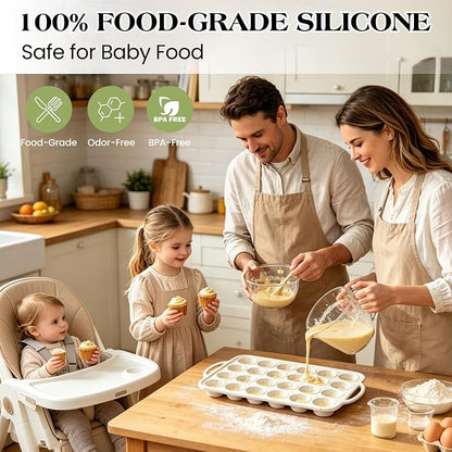 3 Pcs Silicone Baking Pan Set with Metal Reinforced Frame- Including Mini Loaf Pan, Standard Muffin Pan and Mini Muffin Pan（Cream）