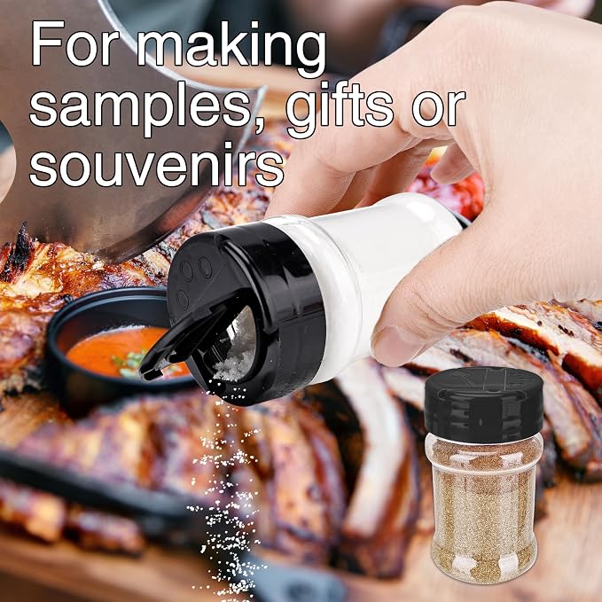 30 Pcs 2 oz Mini Plastic Spice Jars with Sifters Clear Empty Spice Bottles Round Seasoning Containers for Travel Kitchen (Black Top with 2 Side Hole)