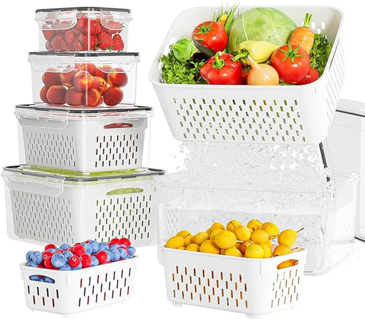 KEMETHY 5 Pack Fruit Storage Containers for Fridge with Removable Colanders - Food Storage Containers with Lids, BPA-Free Produce Containers Keep Fruits, Vegetables, Berry, Meat Fresh Longer