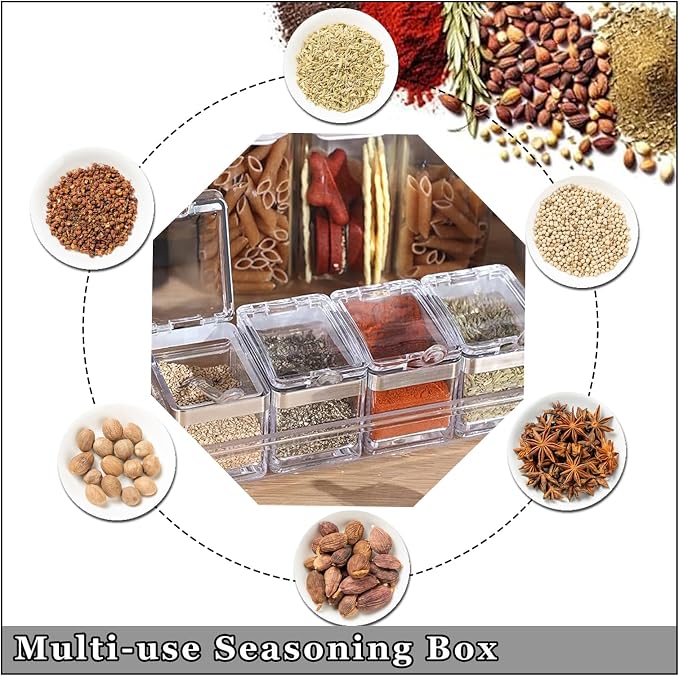 Clear 4-Piece Condiment Seasoning Container Set with Lids & Spoons | 4pc clear condiment set with lids & spoons, non-slip tray countertop storage for salt sugar pepper spice