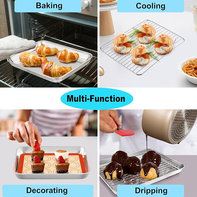 TeamFar Toaster Oven Pan with Rack & Mat, 9.3’’ x 7’’ x 1’’ Mini Baking Pan Cooling Rack Stainless Steel with Silicone Mat Set for Daily Use, Healthy & Sturdy, Oven & Dishwasher Safe, Set of 3