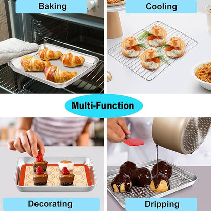 TeamFar Toaster Oven Pan with Rack & Mat, 9.3’’ x 7’’ x 1’’ Mini Baking Pan Cooling Rack Stainless Steel with Silicone Mat Set for Daily Use, Healthy & Sturdy, Oven & Dishwasher Safe, Set of 3