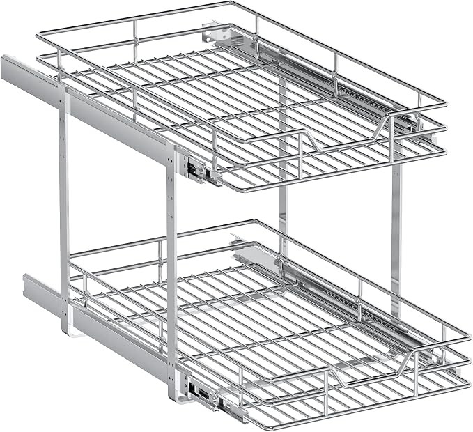 2-Tier Pull Out Cabinet Organizer, 13.5" W x 21.5" D, Heavy Duty Dual Slide Out Shelves for Base Cabinets, Chrome Wire Basket Drawer for Pantry, Kitchen & Bathroom Storage