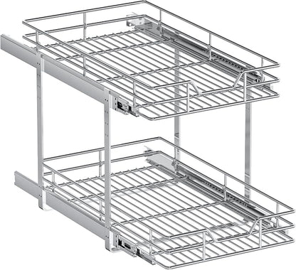 2-Tier Pull Out Cabinet Organizer, 13.5" W x 21.5" D, Heavy Duty Dual Slide Out Shelves for Base Cabinets, Chrome Wire Basket Drawer for Pantry, Kitchen & Bathroom Storage