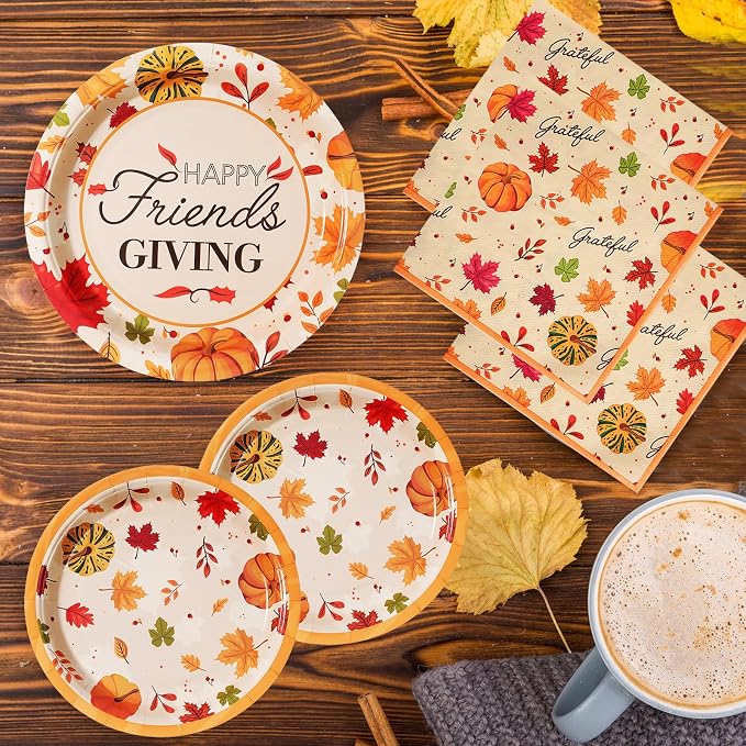 90PCS Friendsgiving Paper Plates and Napkins Sets, Disposable Party Supplies for Fall Thanksgiving Party Decorations, Friendsgiving Dinnerware Sets Serve 30 Guests