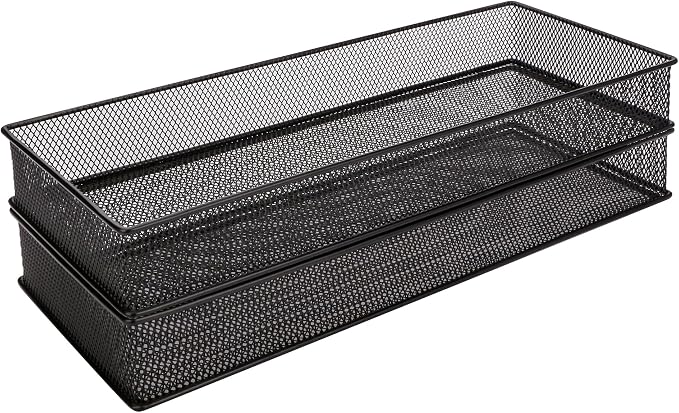 Annova Mesh Stackable Drawer Cabinet and Shelf Organizer Bins Storage Basket School Office Supply Holder Tray- Set of 2 (Black, 6x15x2 Inch)